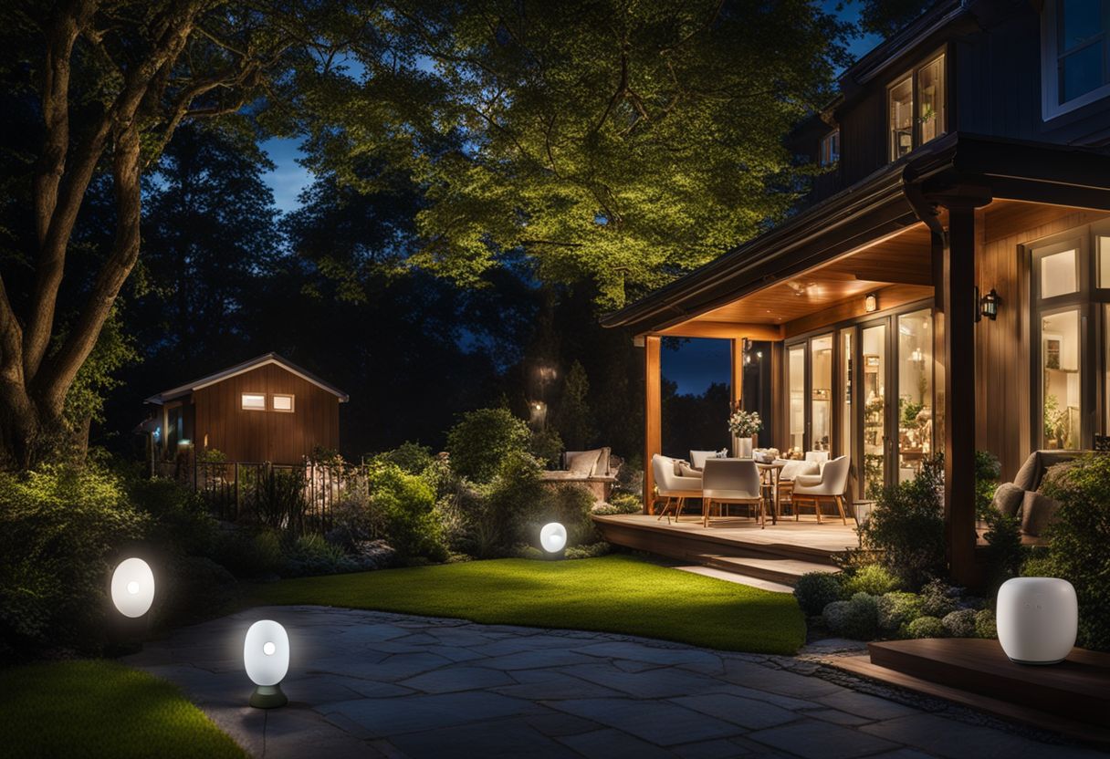 A front yard showcasing smart home devices with different faces, hairstyles, and outfits, without any humans in the scene.