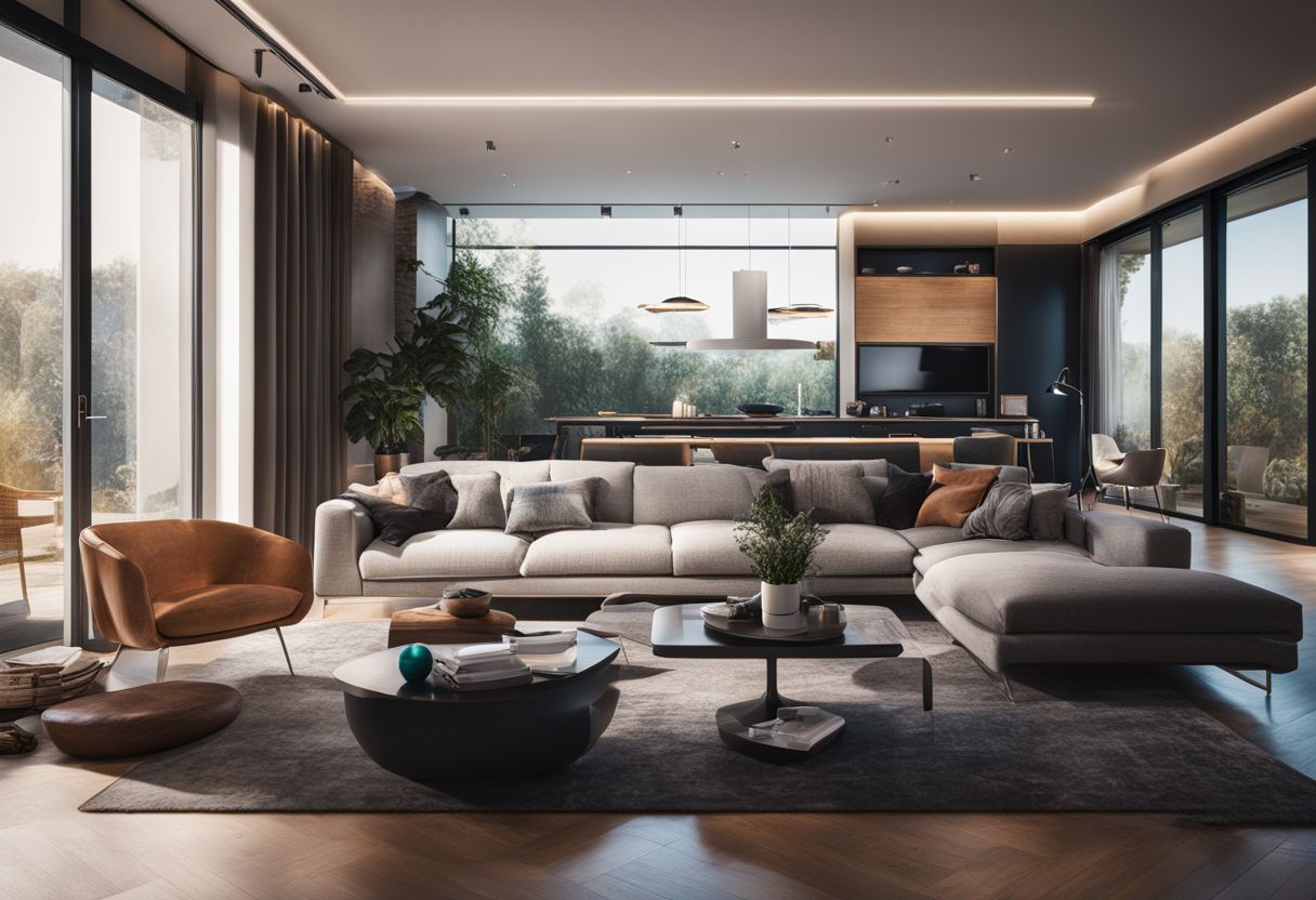 A modern smart home with various interconnected devices controlled through a central hub.