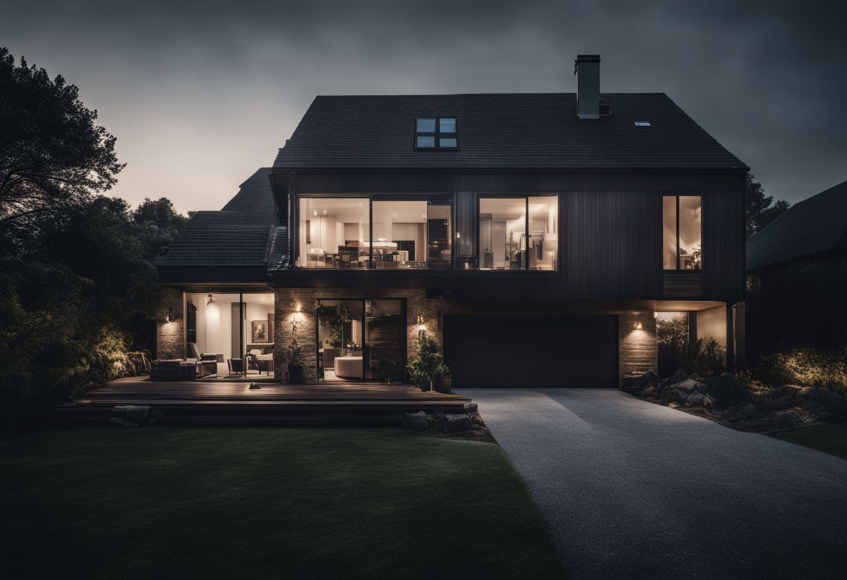 A dark house without smart home features is contrasted with a well-lit landscape featuring various people and outfits. A dark house without smart home features is contrasted with a well-lit landscape featuring various people and outfits.