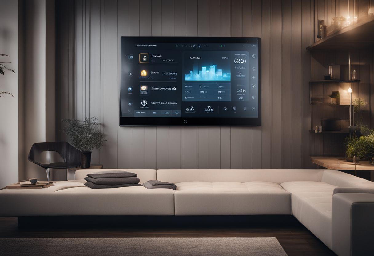 A photo of a smart home control panel displaying various home automation features with a bustling cityscape in the background. A photo of a smart home control panel displaying various home automation features with a bustling cityscape in the background.