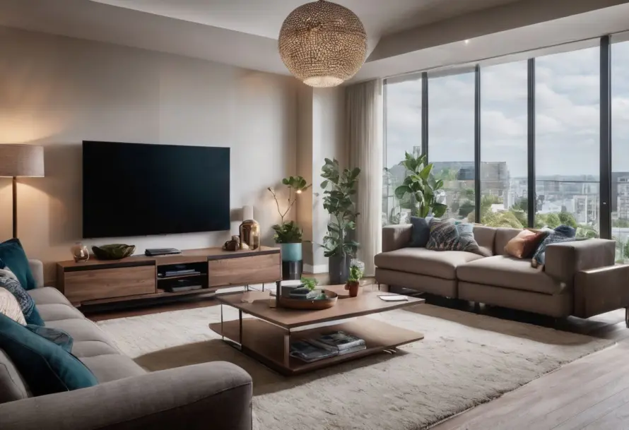 A modern living room with seamlessly integrated smart devices, showcasing different features and designs.